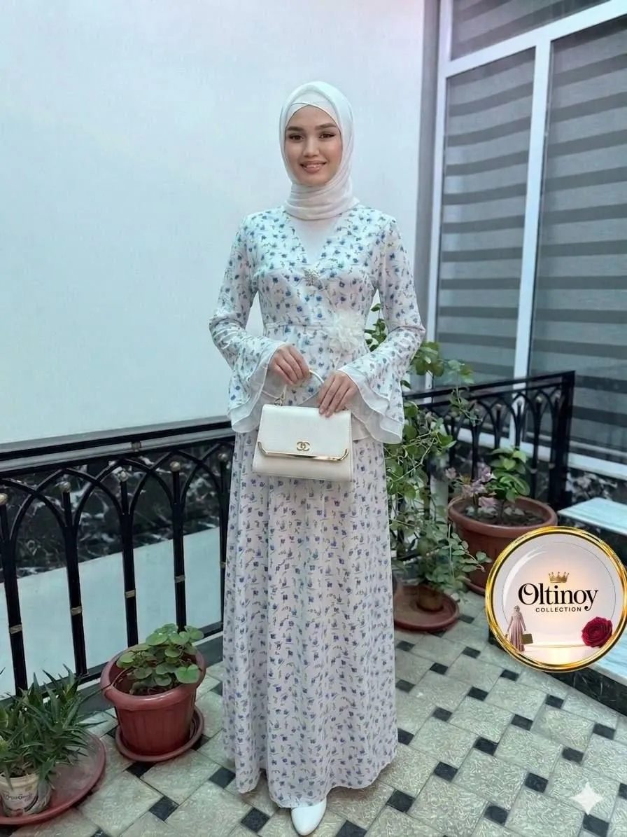 Mayda gulli uzun ko'ylak — sut-firuza — Oltinoy Collection optom
