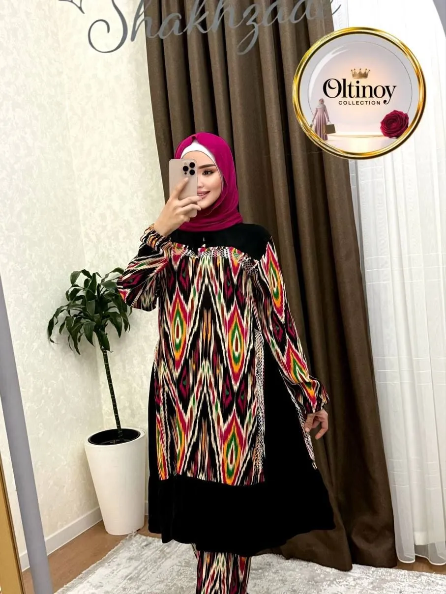 Adras naqshli dvoyka — rang-barang — Oltinoy Collection optom