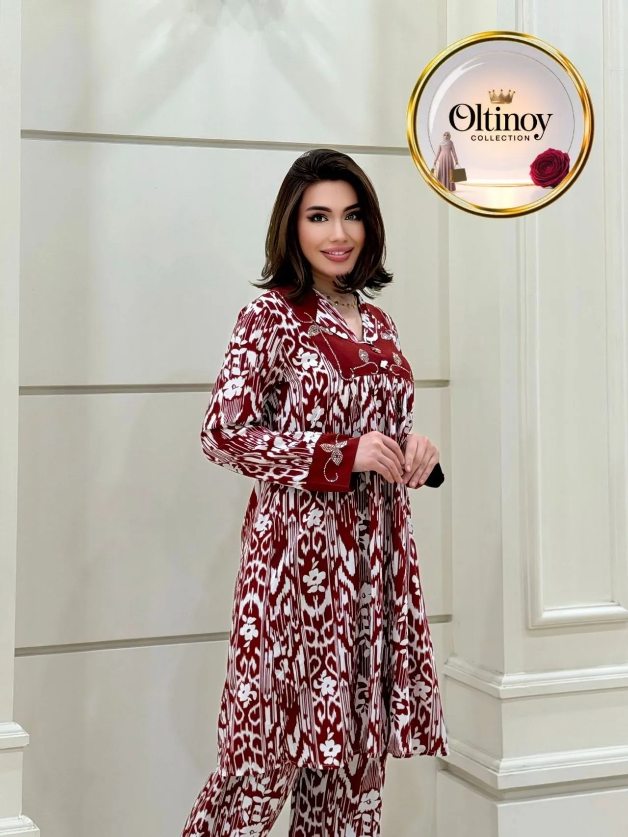Adras naqshli bordo dvoyka — bordo — Oltinoy Collection optom