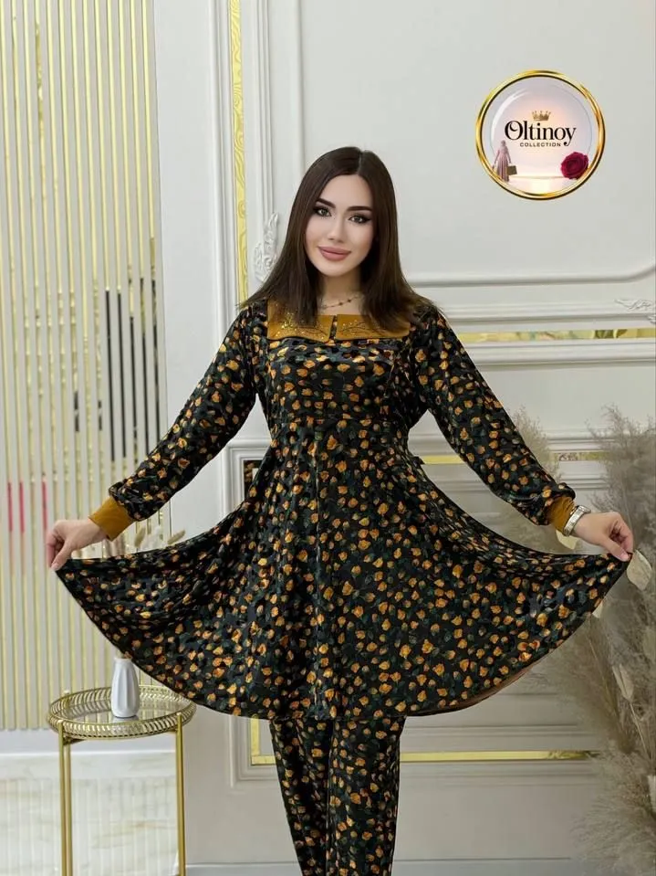 Kontrast yoqali gulli dvoyka — Oltinoy Collection optom