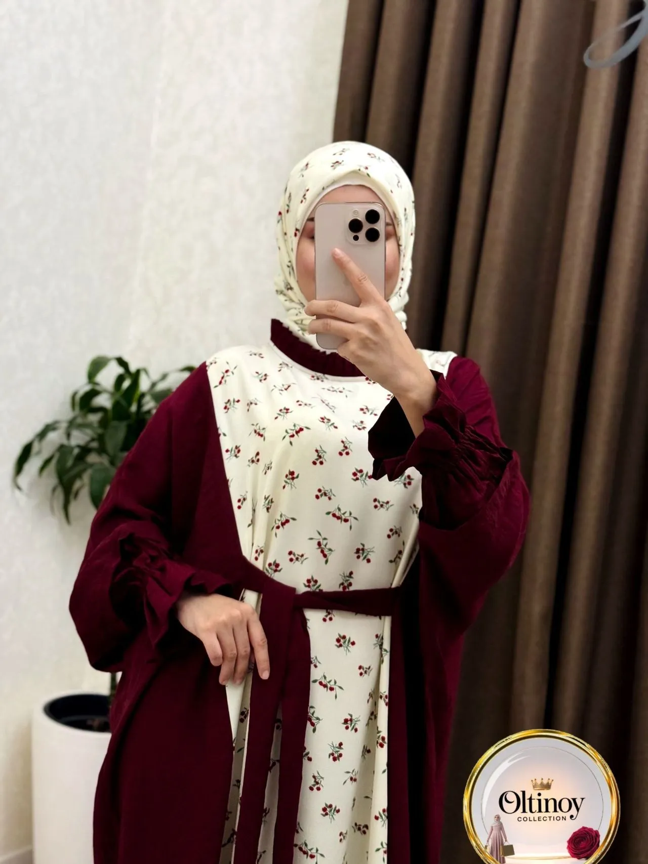 Gulli jiletli abaya va ro'mol — bordo va sut — Oltinoy Collection optom
