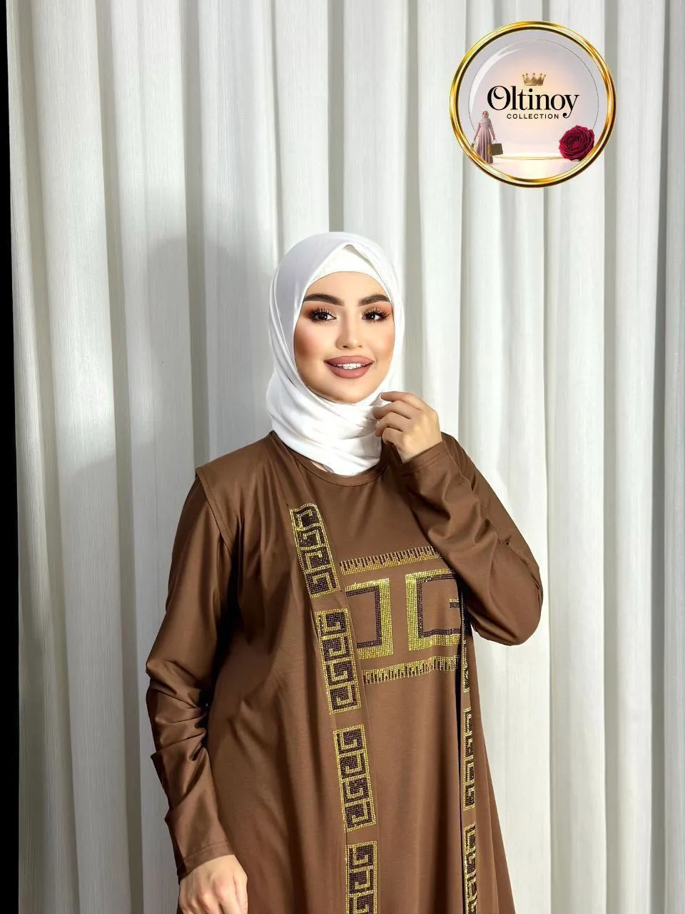 Yunon naqshli abaya — shokolad — Oltinoy Collection optom